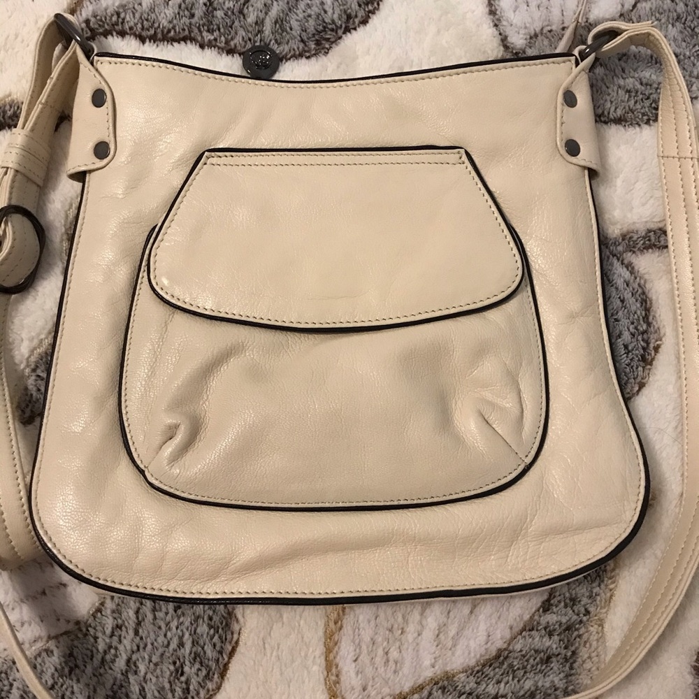 Cream Crossbody Bag with Front Pocket - Women's Shoulder Bag
